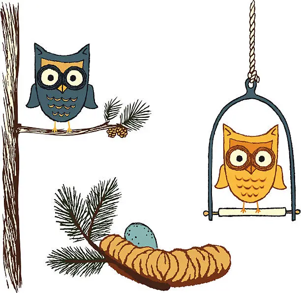 Vector illustration of Sketched Wide-Eyed Owl on Perches