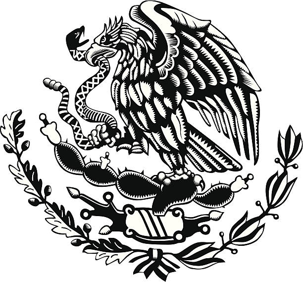 schwarze und weiße mexiko wappen geschnitzten stil - adler stock-grafiken, -clipart, -cartoons und -symbole