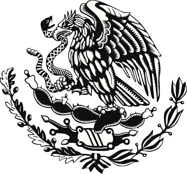 Vector illustration of Black and white Mexico Coat of Arms Carved Style