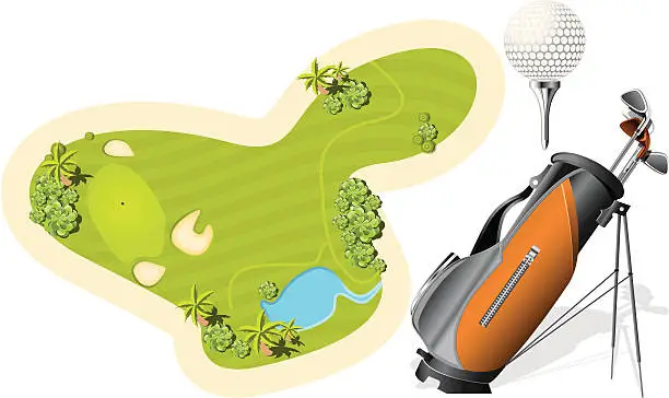 Vector illustration of Putting Green, Golf Bag and ball