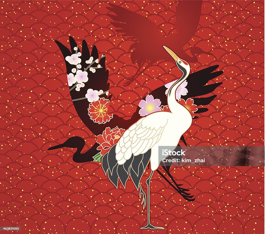 vector cranes sobre fondo rojo - arte vectorial de Grulla libre de derechos