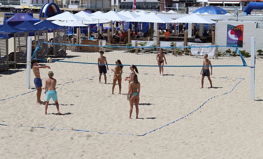 During the weekend of July 16th and 17th 2023, Quiberon , France, tourists attend the beach soccer Tour and beach activities