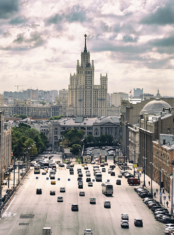 Rush Hour in Moscow Street. Russia. Aerial View. Toned Image.