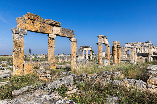 Ruins in the archaeological site of the ancient city of Hierapolis, Pamukkale city, Denizli Province, Turkey.