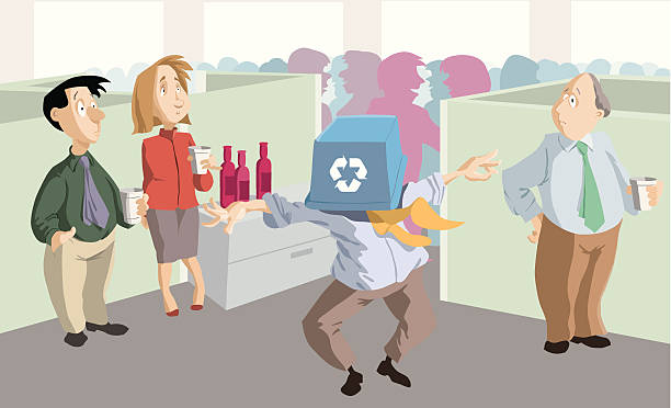 Office Party Cartoon vector illustration of man dancing with a recycling bin on his head at office party while his surprised co-workers watch. Each character is grouped on its own individual layer. carouse stock illustrations
