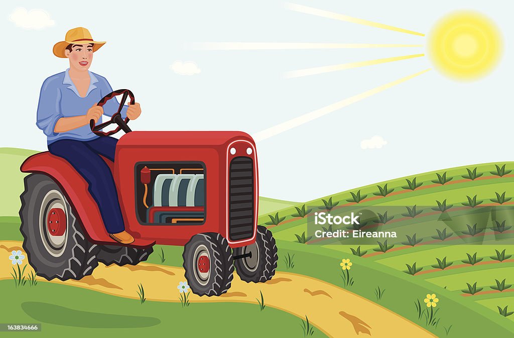 Agriculteur sur les champs de conduire un tracteur - clipart vectoriel de Cultures en terrasse libre de droits
