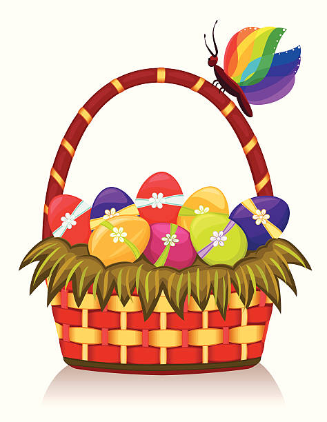 Easter basket with decorated eggs vector art illustration