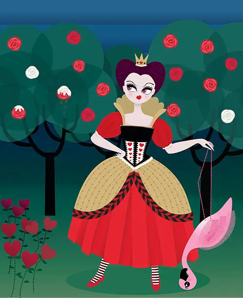 Vector illustration of Cartoon of the Queen of Hearts holding a flamingo