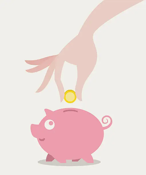 Vector illustration of Graphic of a hand placing a coin in a pink piggy bank
