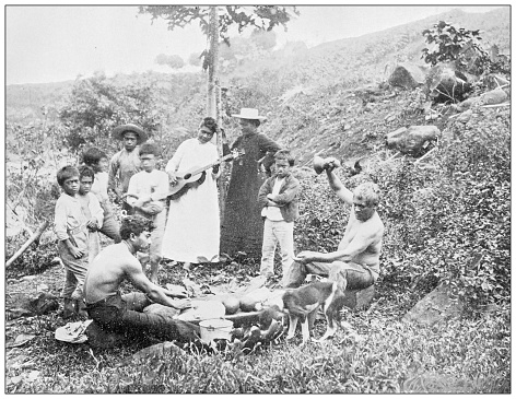 Hawaii, antique photo: Beating the taro plant into flour