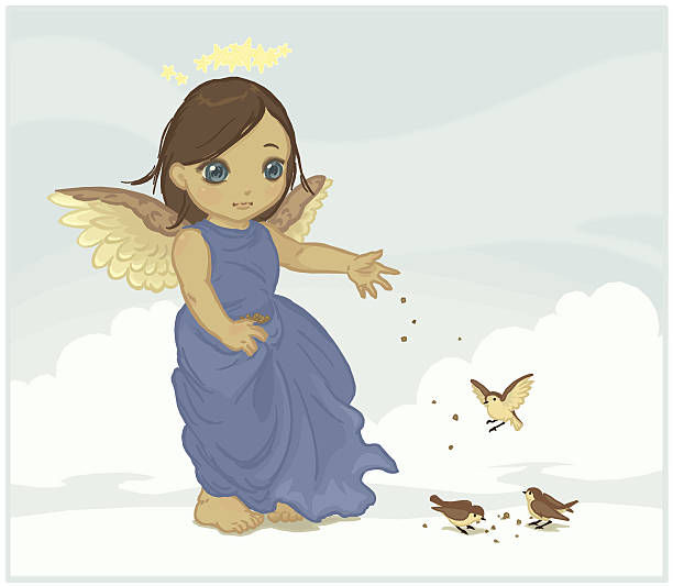 Little Angel Feeding Birds vector art illustration