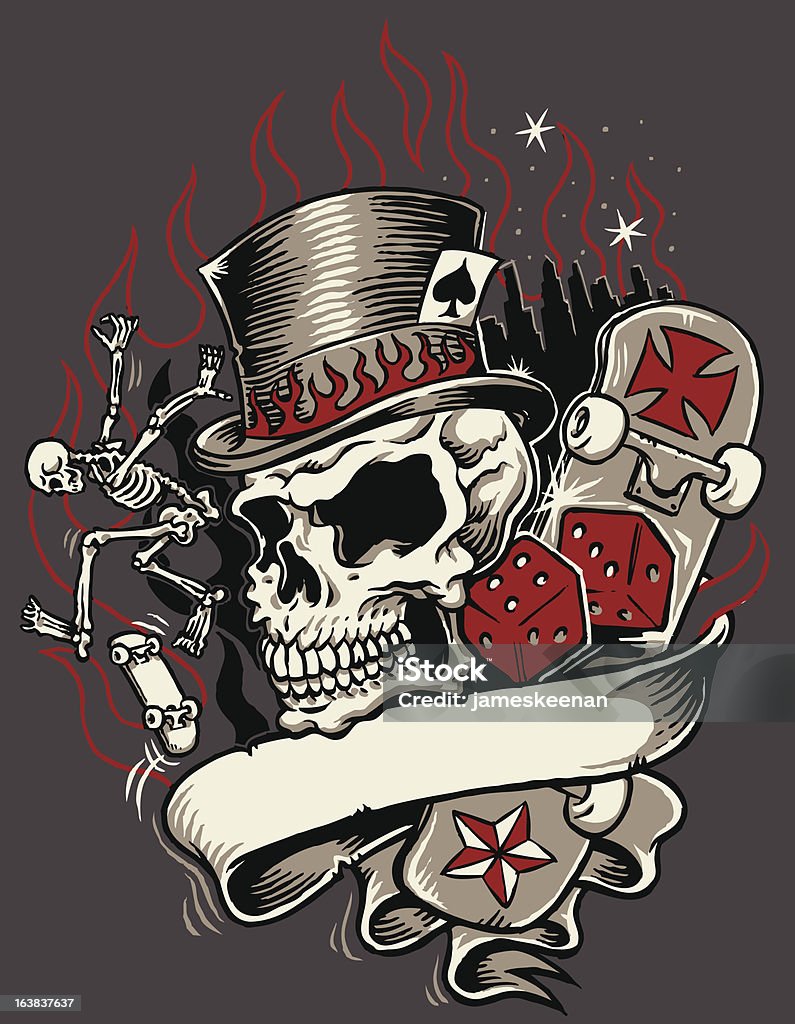 Skeleton Skate "A tattoo style design of a skeleton skateboarding, a skull with a top hat, a banner and a skateboard." Human Skeleton stock vector