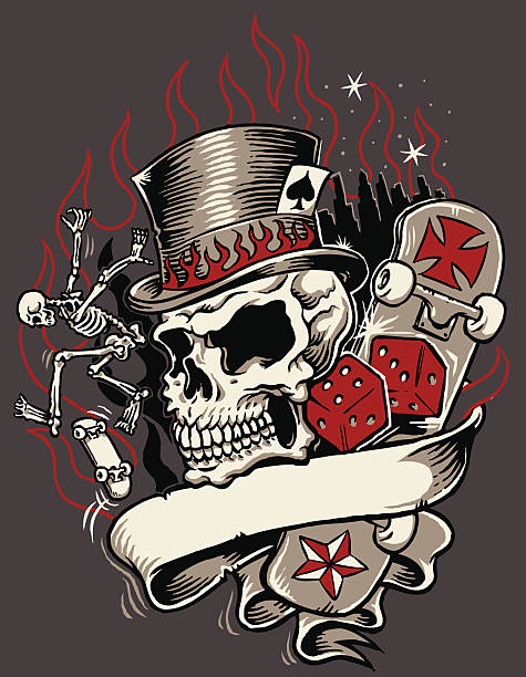 Skeleton Skate "A tattoo style design of a skeleton skateboarding, a skull with a top hat, a banner and a skateboard." iron cross stock illustrations