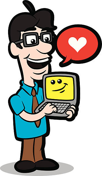 ilustraciones, imágenes clip art, dibujos animados e iconos de stock de historieta nerd disfruta de una computadora portátil - nerd men computer cheerful