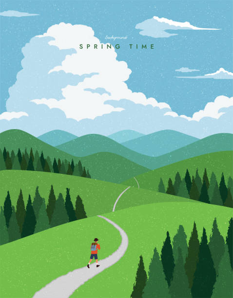 Man walking on path mountain landscape. Climbing, Hiking. Scenic view background. Spring summer outdoor adventure. Web banner, Poster, Card, Book cover. Trendy flat design. Simple vector illustration. Vector design illustrations. vector illustration and painting spring grass stock illustrations