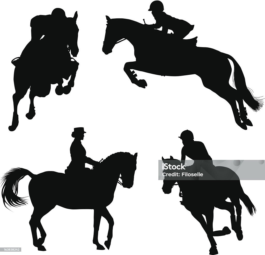 Horse competition Four horse and rider silhouettes during equestrian events Horse stock vector