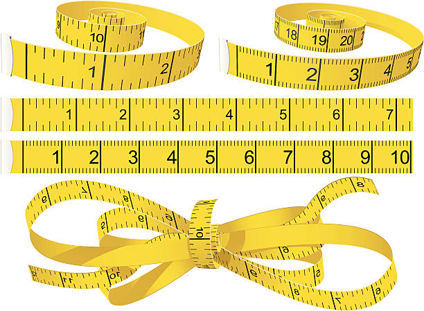 Measuring Tapes Yellow Measuring Tapes set in different shape in centimeters and inches tape measure stock illustrations