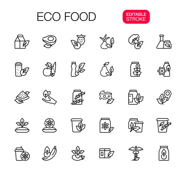 Vector illustration of Eco Food, Bio Products Line icons Set, Editable Stroke