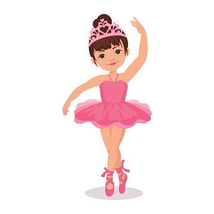 Cute little pink princess ballerina. Doll in a pink crown and dress. Baby illustration, vector