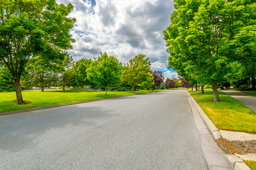 A tree lined street in a suburban housing community with parks and greenspace in Coeur d'Alene, Idaho, USA. Coeur d’Alene is a city in northwest Idaho. It’s known for water sports on Lake Coeur d’Alene, plus trails in the Canfield Mountain Natural Area and Coeur d’Alene National Forest.
