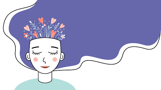 Woman with flowers from her head.Concept of mental health, calmness and balance, joy and love of life, harmony.Banner with copy space.Vector stock illustration.