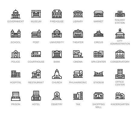 Government and City Buildings. Vector illustration. Editable Stroke.