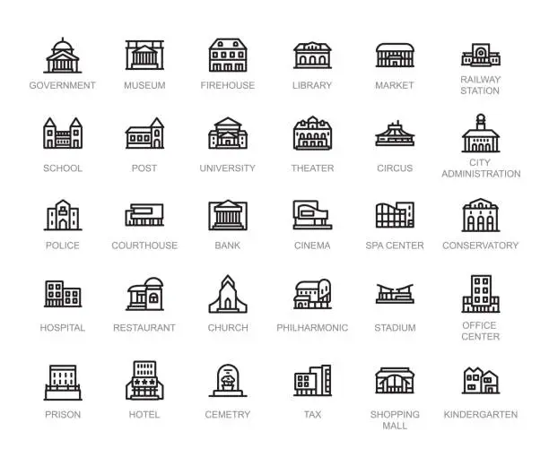Vector illustration of Government and City Buildings Line Icons Set, Editable Stroke
