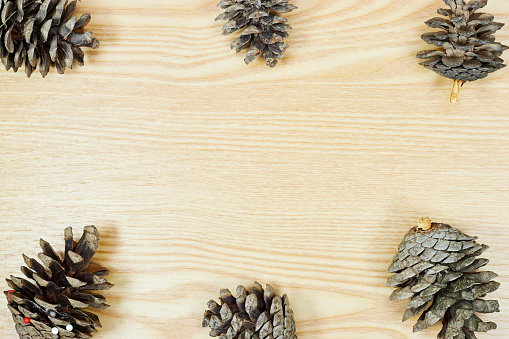pine cones  with copy space for your text on wood table