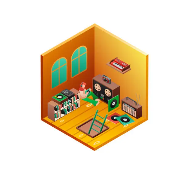 Vector illustration of Vintage Music Room Isometric Vector