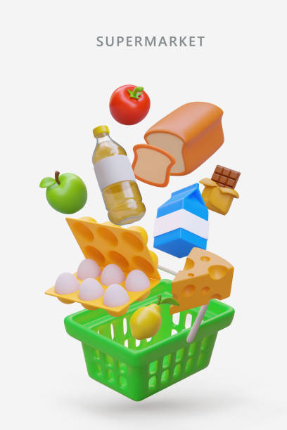 ilustrações de stock, clip art, desenhos animados e ícones de vertical poster for supermarket. shopping basket with collection of different products - saco objeto manufaturado