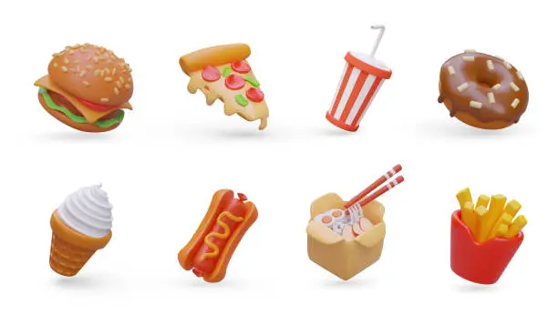 Vector illustration of 3d realistic collection with different fast food products. Concept of eating pizza or burger