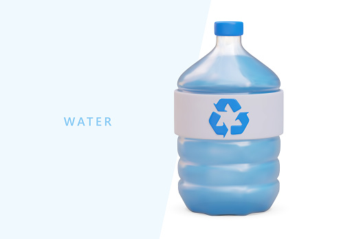 Advertisement of bottled water for cooler, dispenser. Concept for manufacturers of plastic containers. Large liquid containers. Bottle made of recycled material