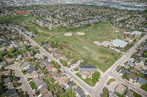 Aerial view of Silverwood Heights which is a mostly residential neighbourhood located in north-central Saskatoon, Saskatchewan, Canada. It is a suburban subdivision, composed mostly of single detached dwellings and some multiple-unit apartment and semi-detached dwellings. As of 2009, the area is home to 10,786 residents.