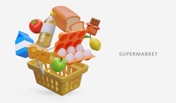 3d realistic shopping basket with natural healthy food. Time to buy eggs, cheese and fruits online 3d realistic shopping basket with natural healthy food. Time to buy eggs, cheese and fruits online. Set of products for balanced diet concept. Vector illustration with place for text meat cartoon stock illustrations