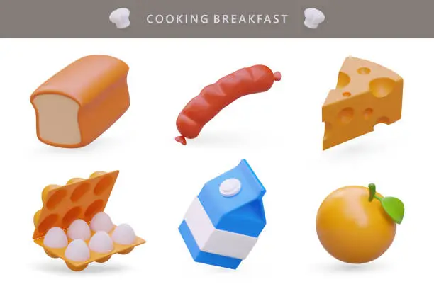 Vector illustration of 3d realistic different products. Cooking breakfast with meat, cheese and eggs