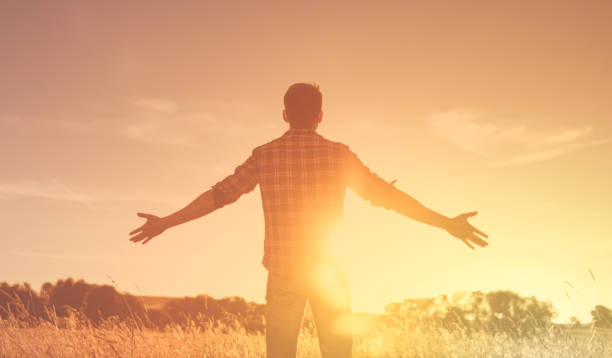 istock Young man outdoors in an open field looking up feeling free and happy. 1638511264