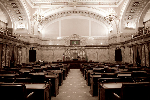 Senate Chamber of the Washington State Capitol Building in Olympia, Washington.