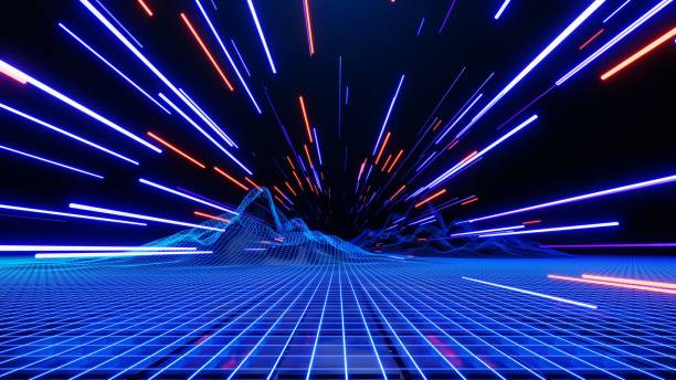 technologia abstrakcyjna 3d świecący neon szybkie światło tło, pusta przestrzeń scena, podłoga odbicia, rzeczywistość wirtualna, cyberprzestrzeń futurystyczne tło science-fiction, linia ruchu duża prędkość dla makiety. - speed lighting equipment night urban scene zdjęcia i obrazy z banku zdjęć