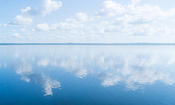 istock natural landscape, waterscape with large water body under a blue sky with clouds and a distant wooded shore 1638525622