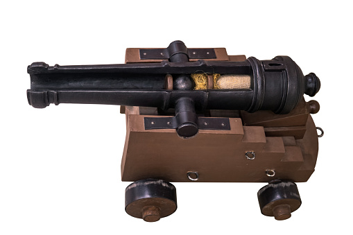 cross-section of an old cast-iron cannon, you can see the charge device, isolated on a white background