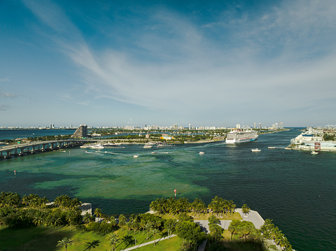 Miami, FL, USA - August 22, 2023: Aerial photo DoubleTree by Hilton Grand Hotel Biscayne Bay