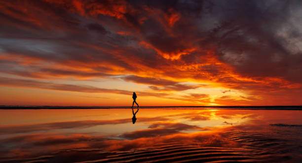 istock silhouette person against background beautiful sunset sky on ocean, reflection rays sun in water 1638540178