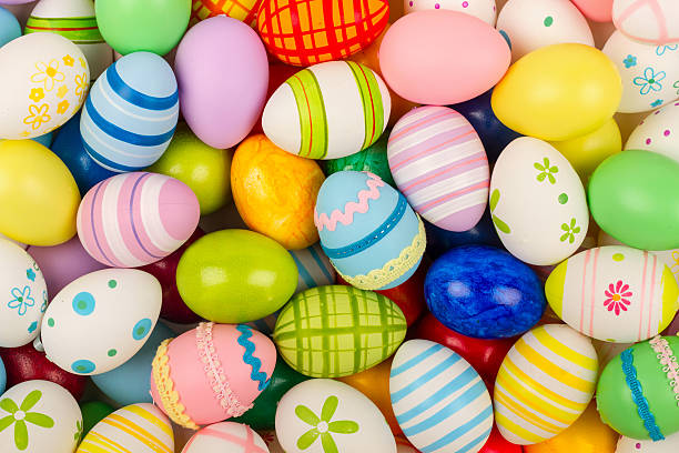 A colorful collection of patterned easter eggs stock photo