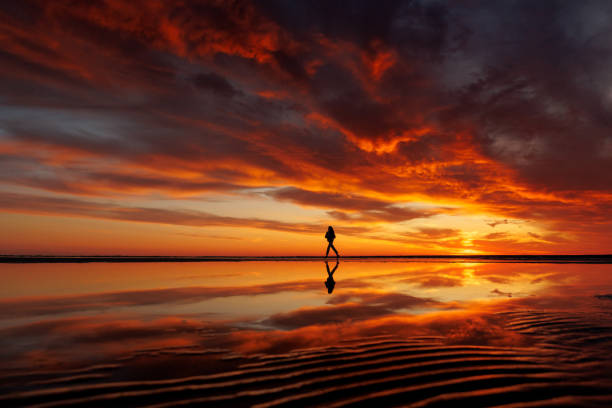 istock silhouette person against background beautiful sunset sky on ocean, reflection rays sun in water 1638541219