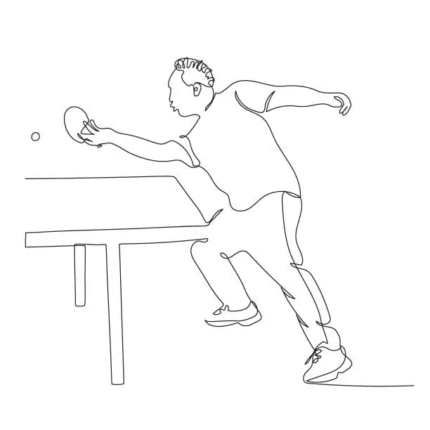 Vector illustration of Ping pong player at game moment. Continuous line drawing. Black and white vector illustration in line art style.