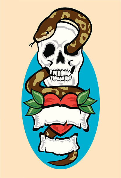 czaszka, wąż i serca tatuaż - ian stock illustrations