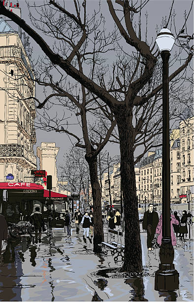 거리 장대비 파리 미만 - road boulevard tree street stock illustrations