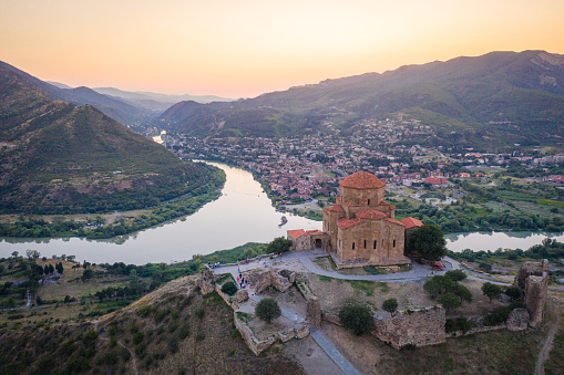 Aerial view of confluence of two rivers and Jvari monastery in the city of Mtskheta in Georgia country