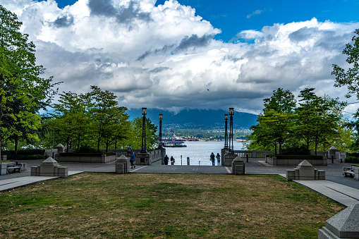 Vancouver, British Columbia - July 25, 2023: The view of Coal Harbour seaside park, Vancouver, Canada.