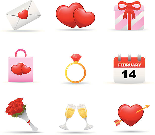 Valentine’s Day Icons set Beautiful ValentineAAs Day icons set dozen roses stock illustrations